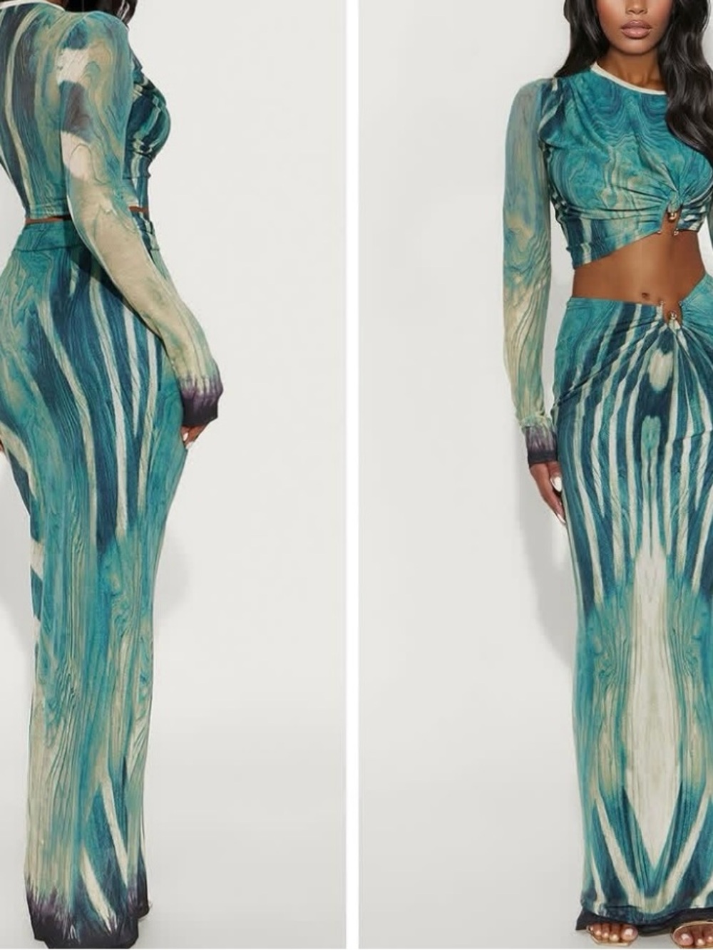 Fashion Nova Teal & Cream Marble Maxi Skirt